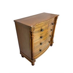 Victorian mahogany bow front chest, the frieze inlaid with Tunbridge ware type decoration, turned upright pilasters, fitted with two short and three long drawers, on turned feet
