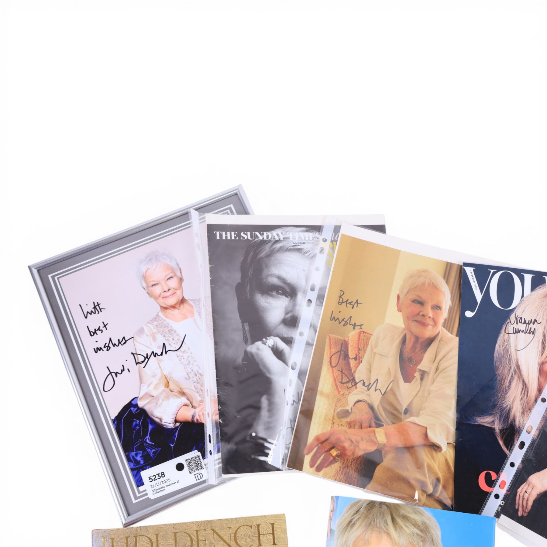 Judi Dench signed book 'Scenes From My Life', together with framed signed Judi Dench photograph, one other signed photograph and a signed 'Sunday Times' magazine cover, Joanna Lumley signed autobiography 'Absolutely', with two signed 'You' magazine covers and two further Judi Dench autobiographies