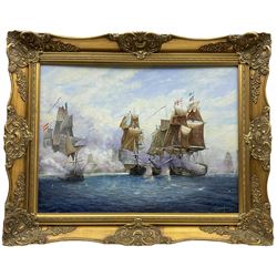 R J Wakefield (British 20th century): 'Battle of Trafalgar 21st October 1805', oil on board signed, labelled verso 45cm x 60cm
