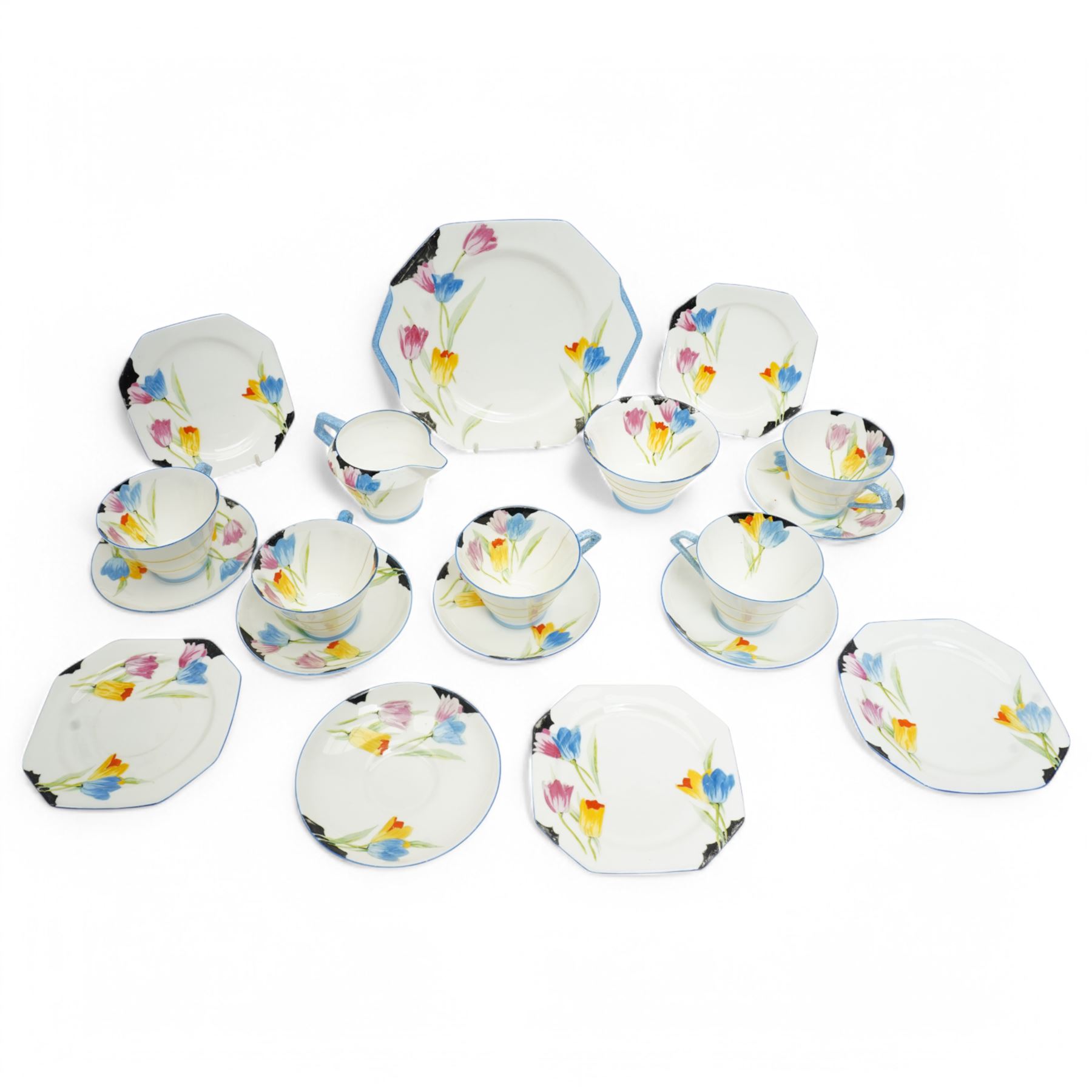 Paragon Art Deco Tulip pattern tea wares, c.1930, comprising five teacups, six saucers, five cake plates, milk jug, sugar basin and serving dish