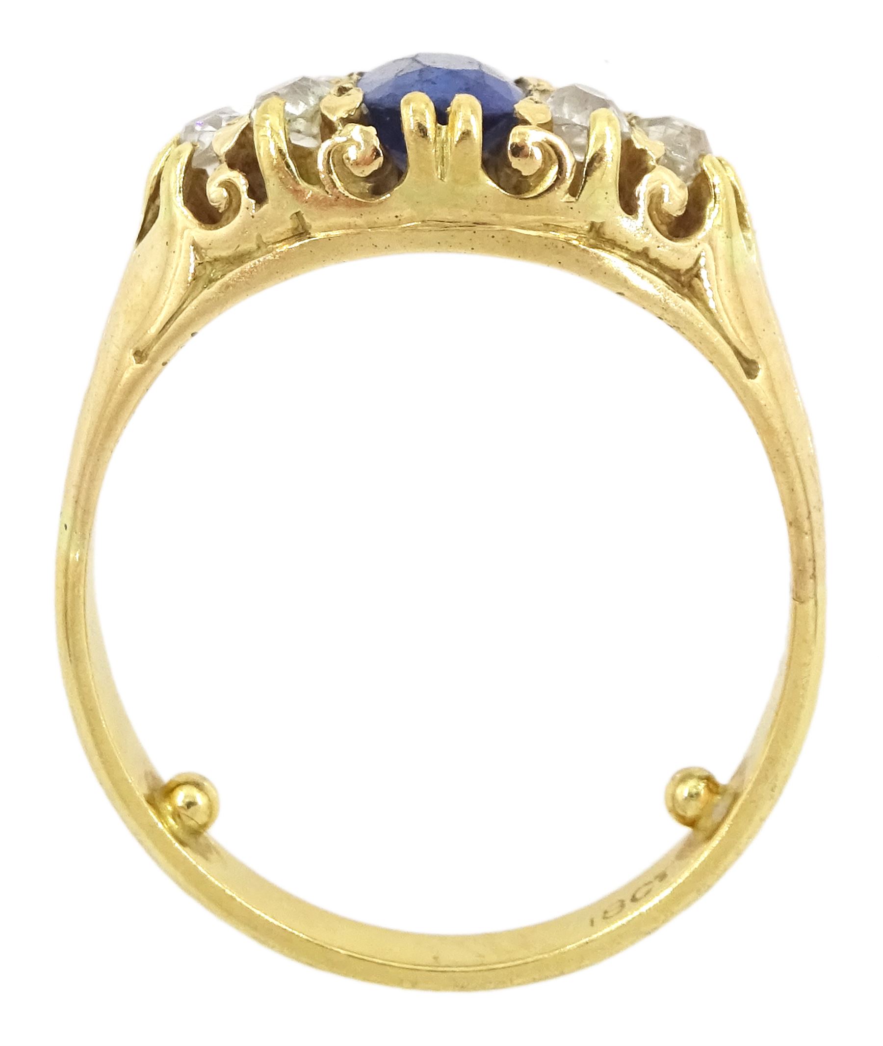 Gold cushion cut sapphire and six stone, old cut diamond ring, stamped 18ct, sapphire approx 0.70 carat, total diamond weight approx 0.35 carat