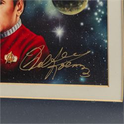 Limited edition Star Wars print 'The Voyage Begins' by Stewart Robinson numbered 516/1701, framed above three signed photographs of William Shatner as Captain James T. Kirk, Leonard Nimoy as Mr Spock and The Star Trek Legendary Four, all with certificates of authenticity verso, frame H109cm, W90cm