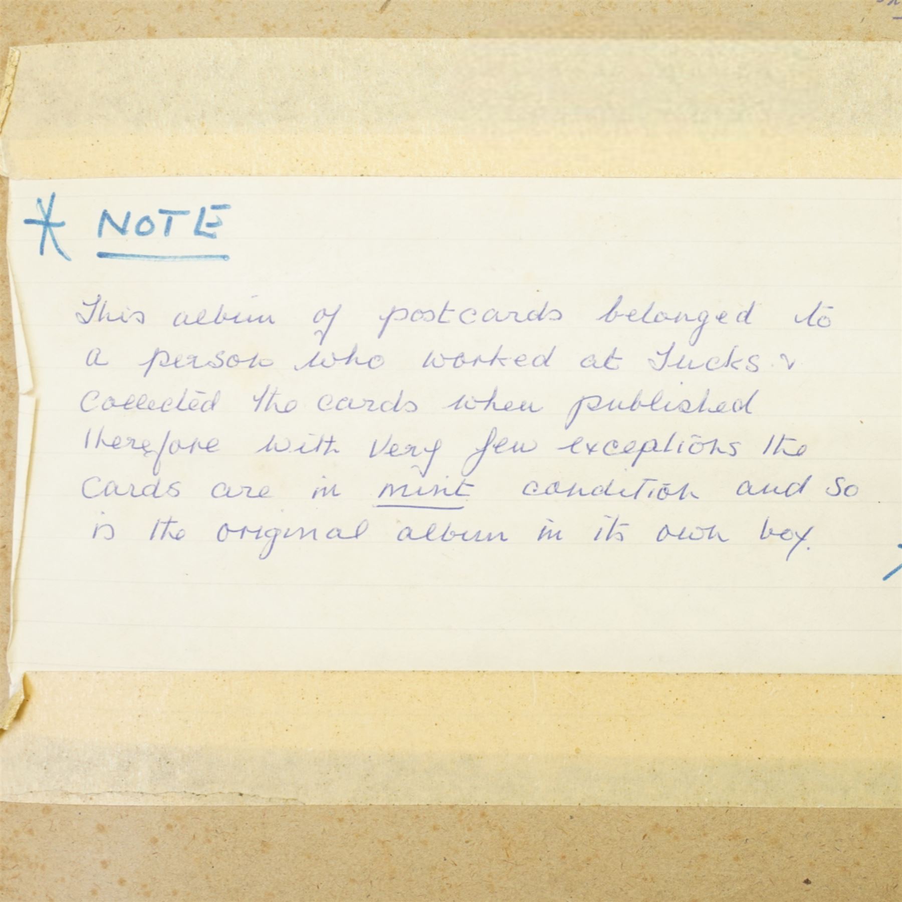 Edwardian postcard album and contents of approximately 195 Raphael Tuck cards.
The album originally belonged to a person who worked for Tucks and collected the cards when published.  The album and cards are in near mint condition