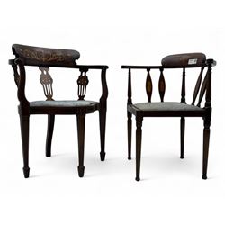Edwardian inlaid mahogany corner chair, curved arms on shaped splat supports inlaid with satinwood, on turned supports (W60cm, H75cm); Edwardian inlaid mahogany tub-shaped armchair, the cresting rail inlaid with scrolling acanthus leaves and flower heads, on square tapering supports with spade feet (W58cm, H80cm)