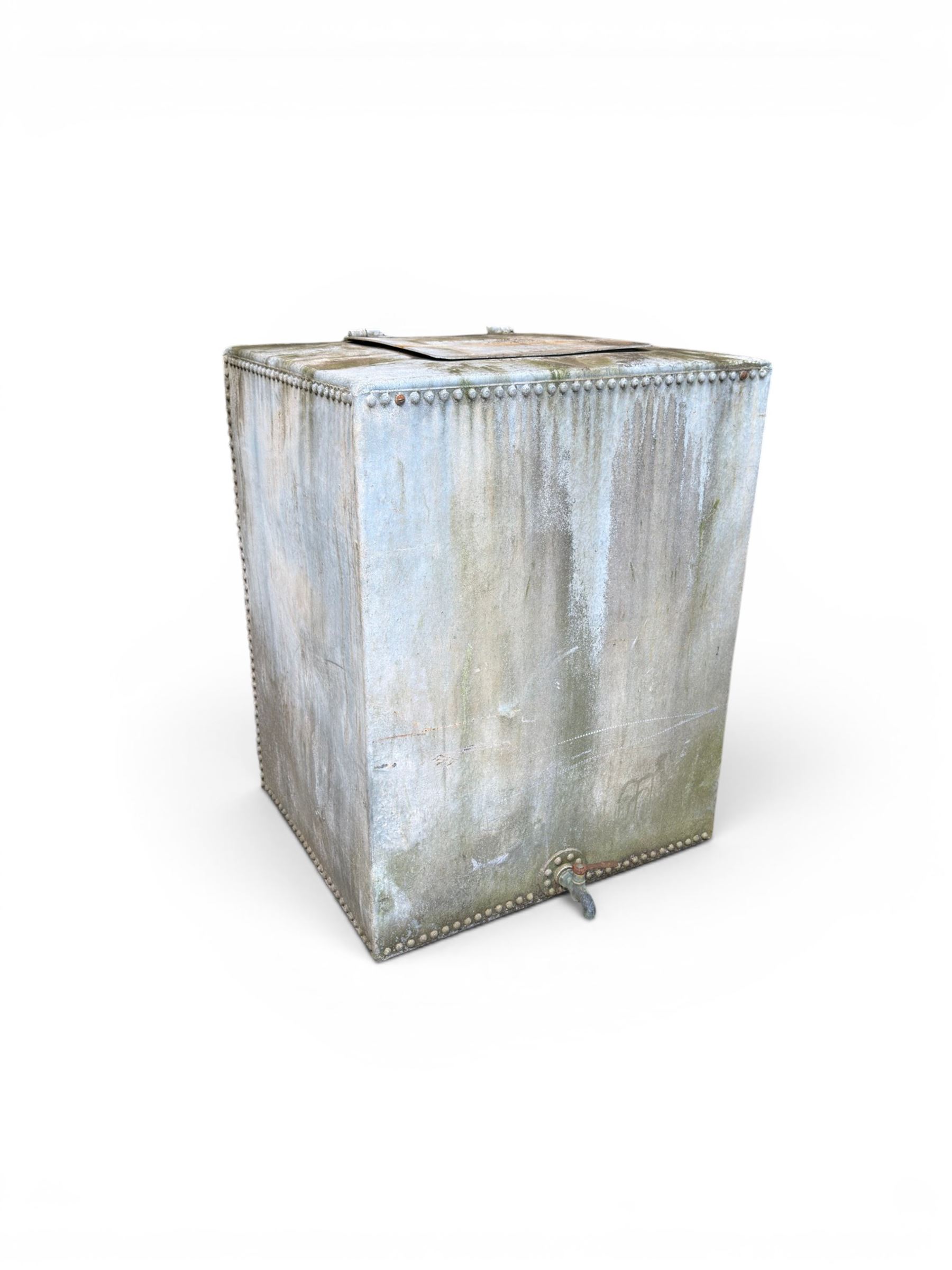 Large early 20th century galvanised water, cube form  with rounded corners and buttoned detail, with tap