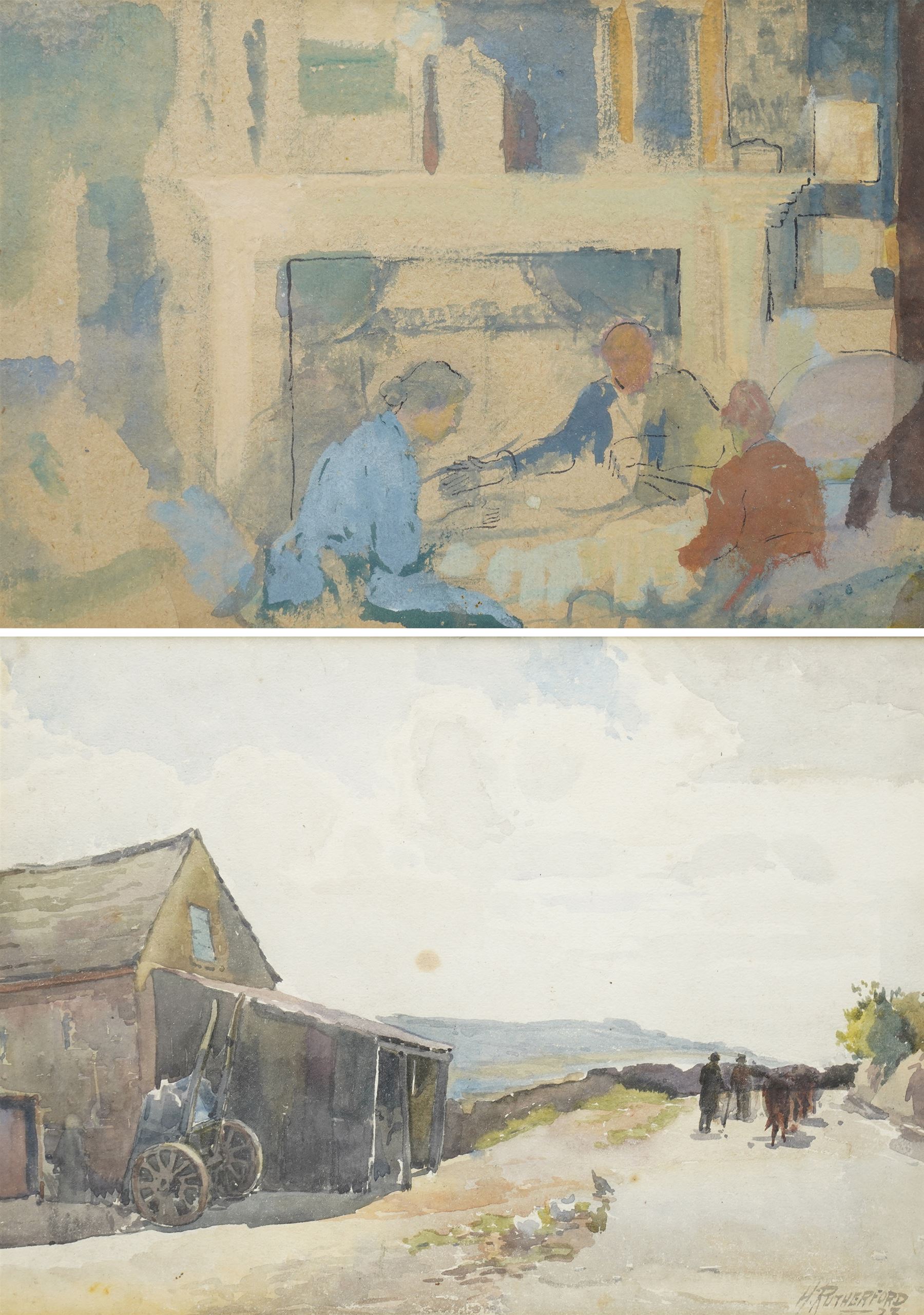 H Rutherford (British 19th/20th Century): Figures and Horses Walking Past a Barn and English School (19th/20th Century): Family Playing Games by the Fire, set of two watercolours one signed and dated '23 max 24cm x 33cm (2)