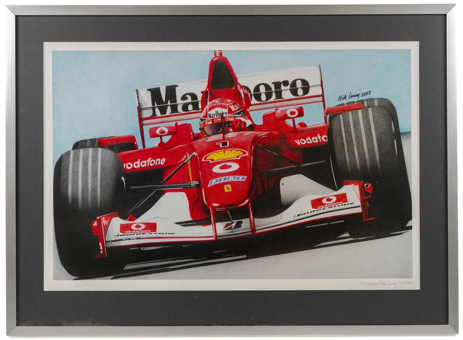 Four Formula 1 racing prints by Nik Curry, including a signed limited edition example, all within silver frames, H38cm, W59cm