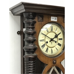  Early 20th century mahogany Vienna type wall clock, twin train Gustav Becker movement striking on a rod, H74cm  