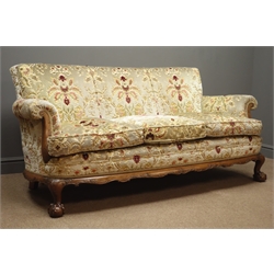  Chippendale style three piece lounge suite, comprising of three seat sofa (W177cm, H80cm, D78cm), and pair matching armchairs, upholstered in cut velvet, frame carved with scrolls and leafage on ball and claw feet  