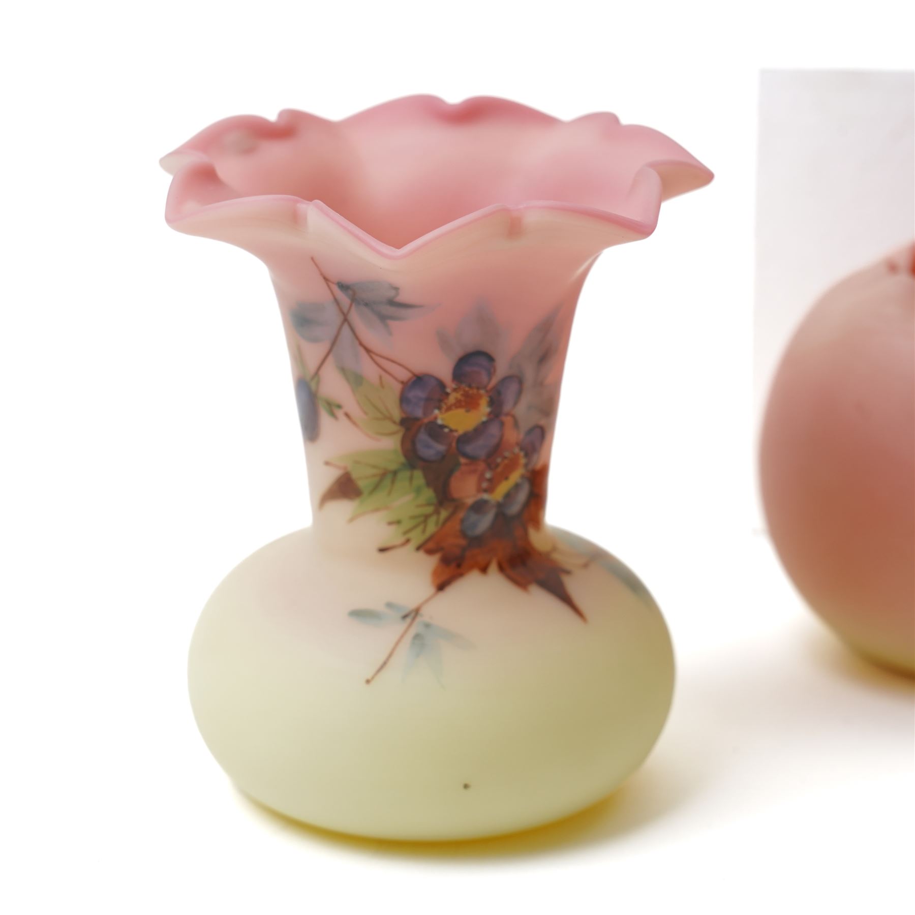 Late 19th Century Thomas Webb & Sons Queen's Burmese uranium glass vases, three with enamelled Hawthorn pattern floral design, and fluted rim, largest 11cm (6)