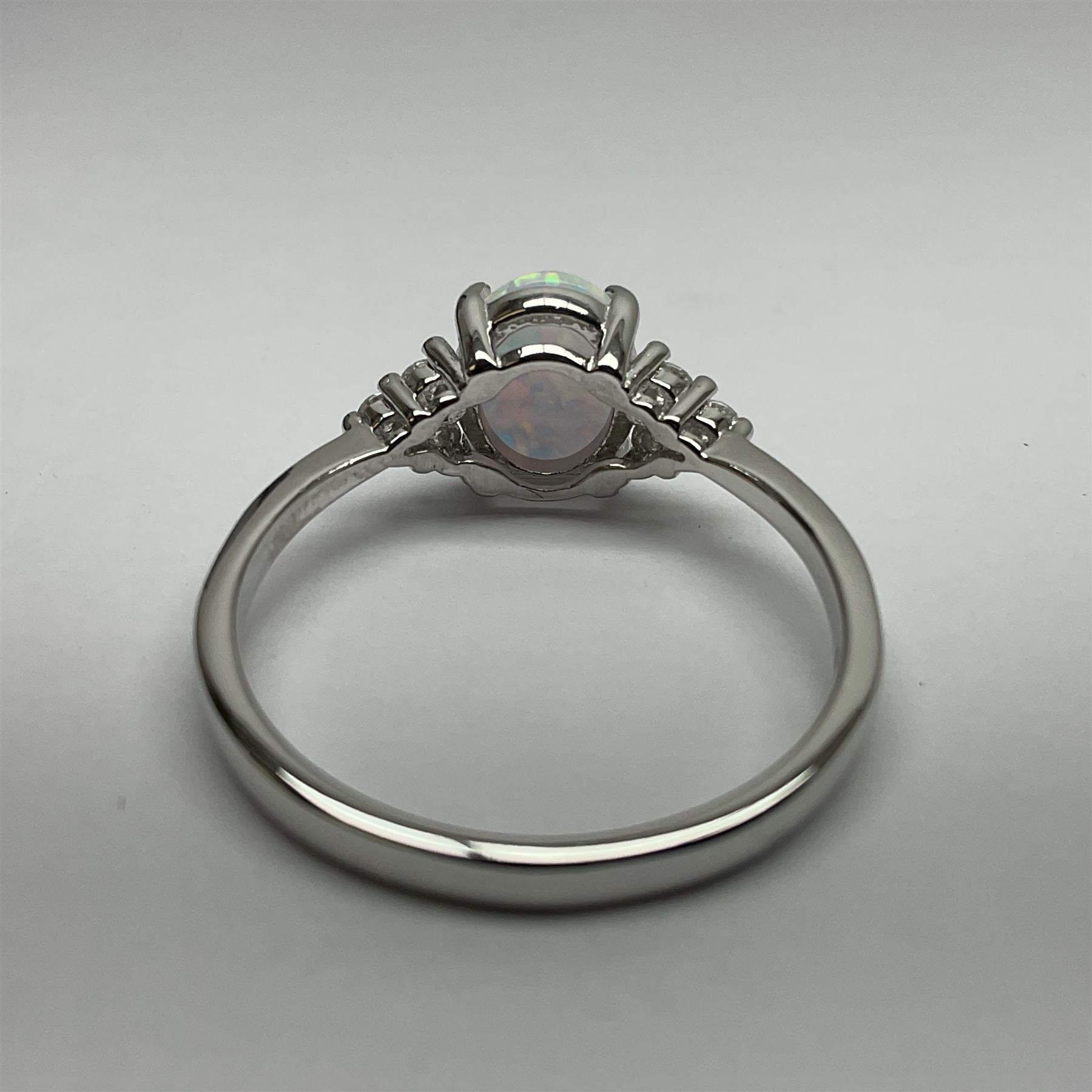 Silver opal and cubic zirconia cluster ring, stamped 925, boxed 