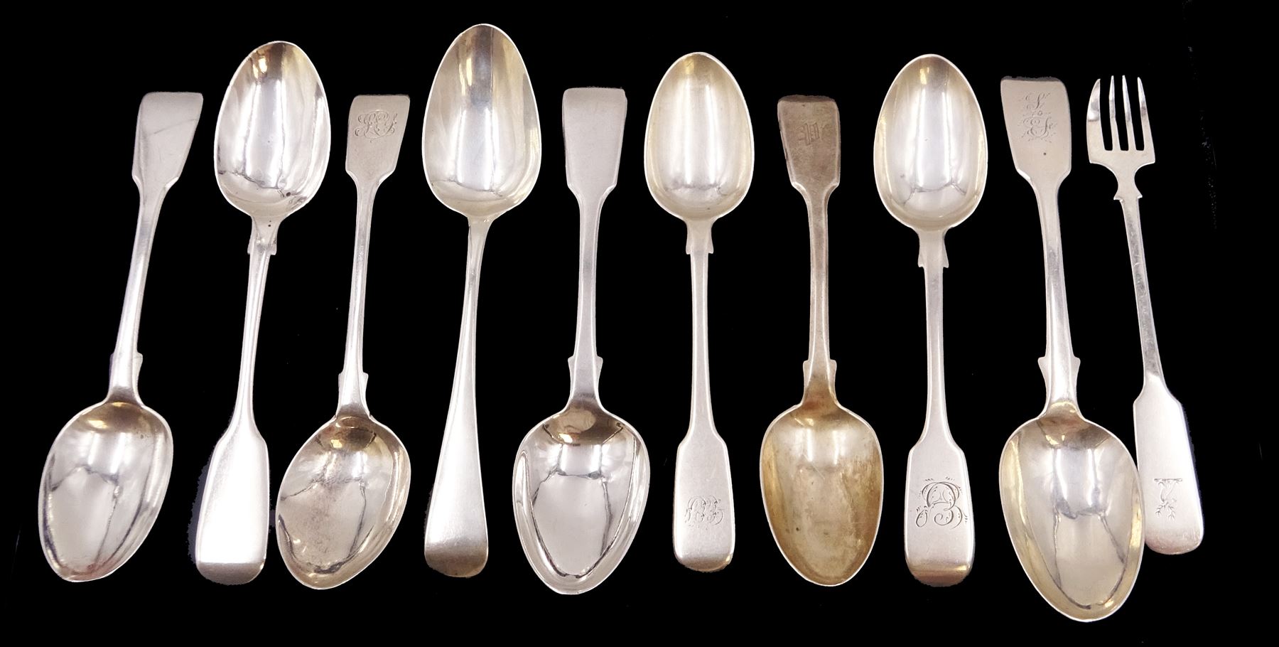 Collection of Victorian silver flatware, comprising eight Fiddle pattern examples, an Old English pattern example and a Fiddle pattern cake fork, all hallmarked, with varying maker's including Chawner & Co and Holland, Son & Slater, dated between 1839 and 1882