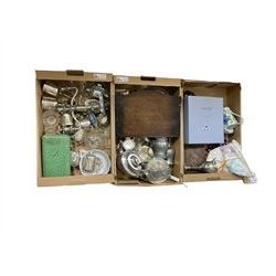 Pair of Edinburgh Crystal champagne flutes, together cased canteen of cutlery and other items, in three boxes  