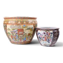 20th century Chinese fish bowl, decorated to exterior with figures surrounded by floral pa...