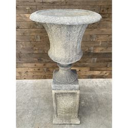 Large Georgian design cast stone garden centre-piece urn, egg and dart border, tapering column on square base, raised on square column