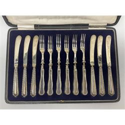 Cased set of six silver handled dessert knives and forks, hallmarked 