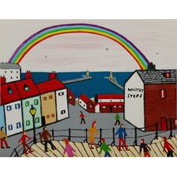 Barry Stokes (Northern British Contemporary): Rainbow over 'Whitby Steps', oil on board signed, dated 2018 verso 20cm x 25cm