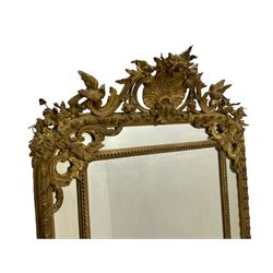 19th century giltwood and gesso pier mirror, shell cartouche pediment decorated with flower heads and scrolling foliage, two bird motifs to each side, egg and dart moulded frame with beaded inner slip, plain mirror plate, each corner mounted by scrolled acanthus leaves and cartouches