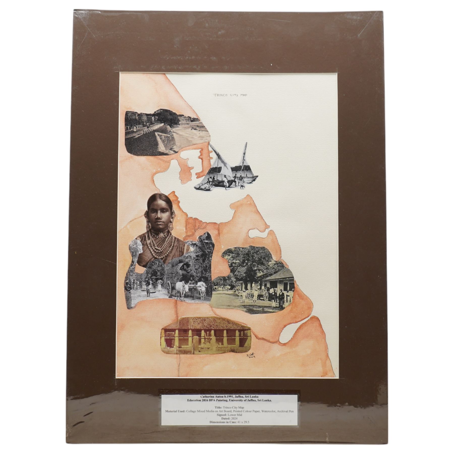 Catharina Anton Danial (Sri Lankan 1991-): 'Trinco City Map'; Mudhouse; Kettle; 'Galle Fort'; Lamp, set six watercolour and mixed media collages from 'Nostalgia' series, signed and dated 2023-2024, max 39cm x 28cm (6)
Notes: Catharina Danial is a Sri Lankan artist working with watercolour, thread, and collage to explore memory, place, and environmental change. A graduate of the University of Jaffna (BFA, 2016), she has exhibited with ARTRA Magazine, Colomboscope, and Saskia Fernando Gallery. Trinco City Map forms part of her ongoing exploration of coastal regions in Sri Lanka, drawing from field research, personal narrative, and ecological observation—particularly the impact of the economic crisis on marine life and coral ecosystems.