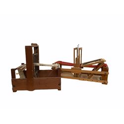 20th century beech spinning wheel H93cm together with a four shaft table hand loom and one other, L69cm max (3)