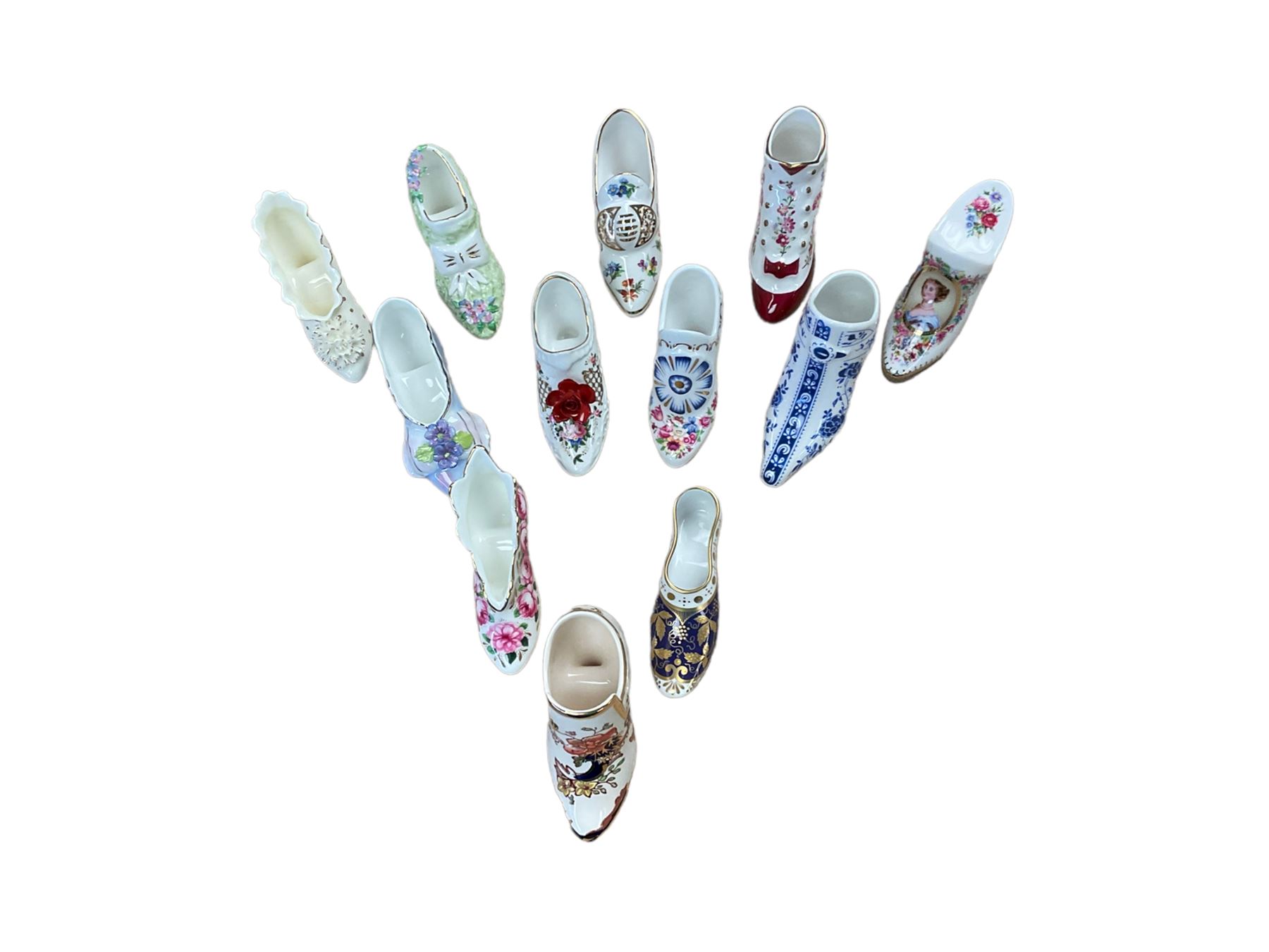 Collection of ceramic shoes, including examples Coalport, Aynsley, Royal Worcester, Mason's etc 
