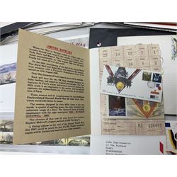 Stamps including Great British Queen Elizabeth II Royal Mail first day covers mostly with special postmarks, various mint pre and post decimal mint stamps, Isle of Man TT100 book by Mick Duckworth complete with stamps, World stamps etc, housed in various albums/folders and loose, in one box