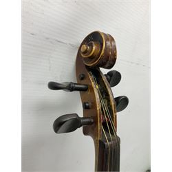 Two three-quarter size violins - German Saxony with 34cm one-piece maple back and ribs and spruce top; L56cm overall; and Hungarian with 34cm two-piece maple back and ribs and spruce top; L56cm overall; each in carrying case with bow (2)