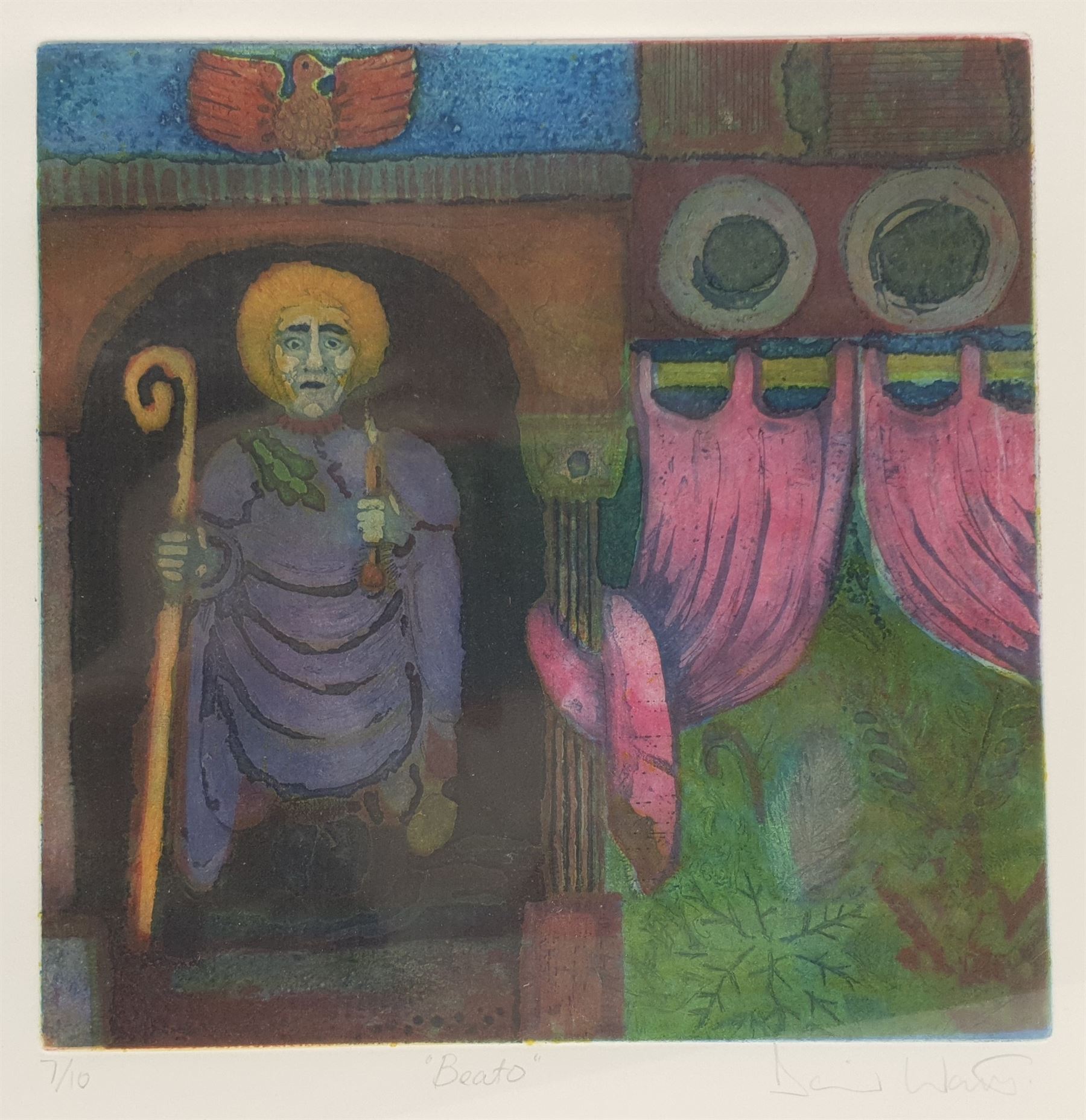 Steven Doyle (Irish Contemporary): 'The Great Basket from Slea Head Dingle', screenprint signed titled and numbered 54/100 in pencil 30cm x 40cm; David Wary (Contemporary): 'Beato', coloured aquatint signed titled and numbered 7/10 in pencil 28cm x 28cm (unframed) (2)