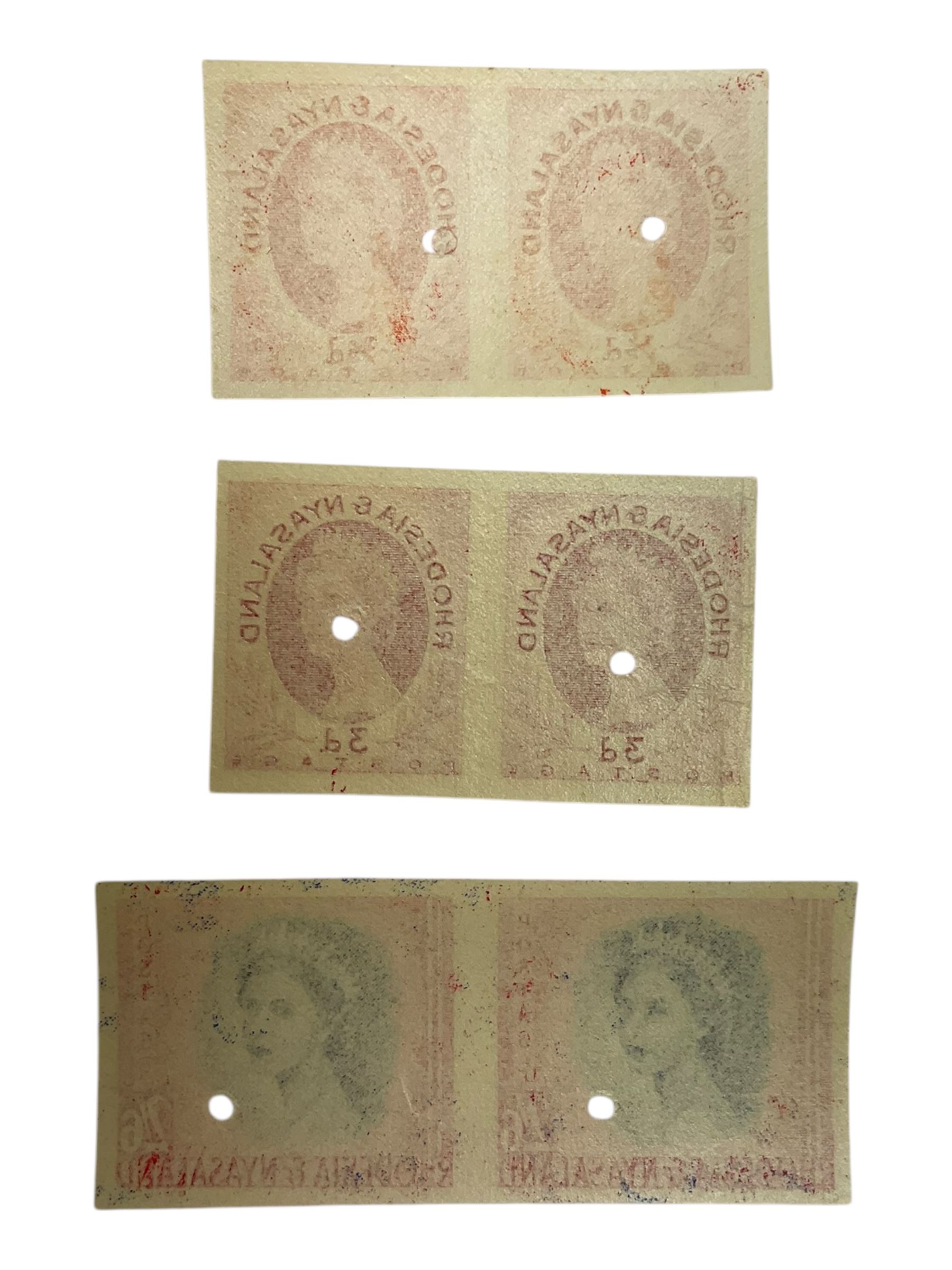 Three Queen Elizabeth II Rhodesia and Nyasaland 1954 stamp proof pairs, comprising half pence, threepence and two shilling sixpence