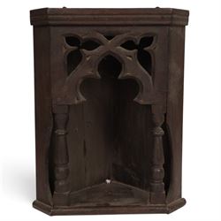 Gothic Revival oak corner wall shelf, with trefoil decoration to the top, H42cm