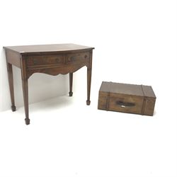 Georgian style inlaid mahogany side table, two drawers, square tapering supports on spade feet (W92cm, H77cm, D53cm) and vintage wooden chest (2)