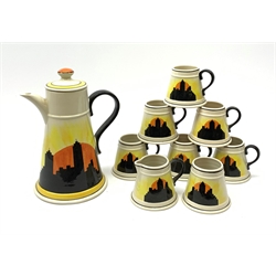 A Carlton Ware Art Deco style coffee set, decorated in the 'Manhatton Sunset' pattern, comprising coffee pot, milk jug, open sucrier, and six coffee cans, all of tapering form, coffee pot H26.5cm. 