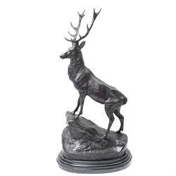After Moignier - Pair of large bronze stags on marble bases H71cm