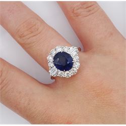 18ct white old oval sapphire, round brilliant cut and baguette cut diamond cluster ring, stamped 750, sapphire 2.93 carat, total diamond weight 1.07 carat, with World Gemological Institute Report