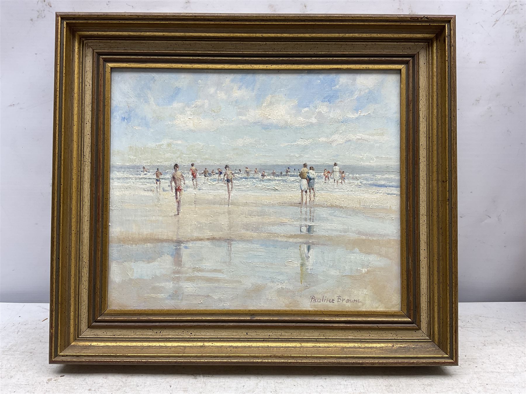 Pauline Brown (British 1926-): 'Bathers at Low Tide', oil on board signed, titled verso 24cm x 30cm