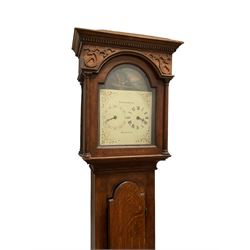 Etherington of Driffield - Rare three-train late 18th century 30-hour longcase clock in an oak case, flat topped hood with dentil moulding and blind fret, break arch hood door with attached pillars, trunk with a conforming door on a deep stepped plinth with shaped base, dial with a fully painted  arch and scroll spandrels in raised gesso, an unusual and rare dial having separate dials for the hours and minutes, dial inscribed 