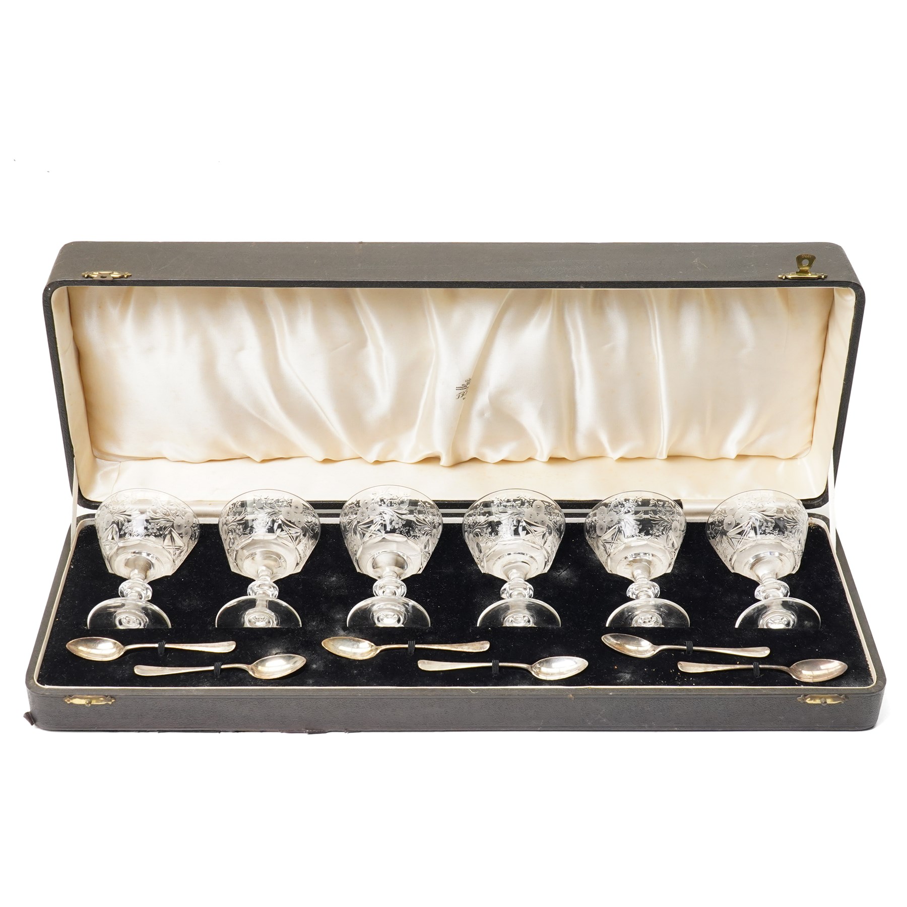 Set of six Tudor crystal compote glasses with silver spoons, in presentation case 