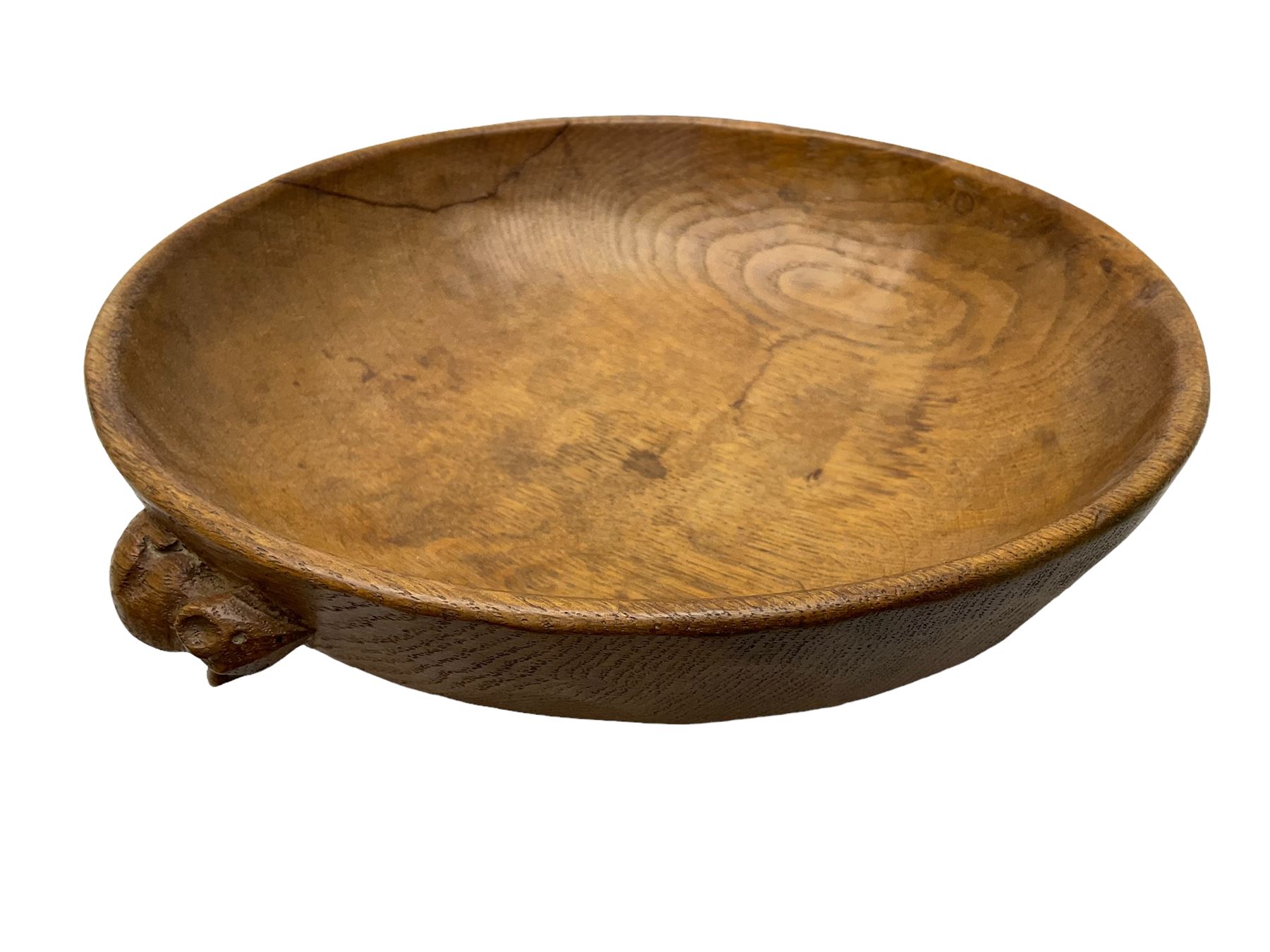 Mouseman - oak fruit bowl, the adzed exterior with carved mouse signature, by the workshop of Robert Thompson, Kilburn, D26cm