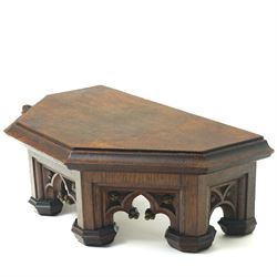 Mouseman - circa 1930s oak wedge shaped six sided plinth, of gothic design with carved berries and columnar supports, with carved mouse signature, by Robert Thompson of Kilburn