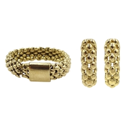 Pair of gold earrings and similar gold mesh design ring, both 9ct stamped or hallmarked