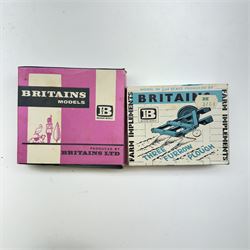 Britains 1:32 scale farm implements, vehicles and figures,  comprising 9563 Hay Baler, 9539 Seed Drill, 9534 Disc Harrow, 9537 Acrobat Rake, 9530 Three Furrow Plough, 9547 Horse Box with Horse, 9576 Farm Land Rover, 2078 male Rider with Horse, 9533 Roller, 9538 Vari-Spreader, 9536 Cultivator, three 1742 Hay Bales, 1740 Milk Churns and 1741 Sacks, all boxed, together with trees, walls, buildings and loose vehicles