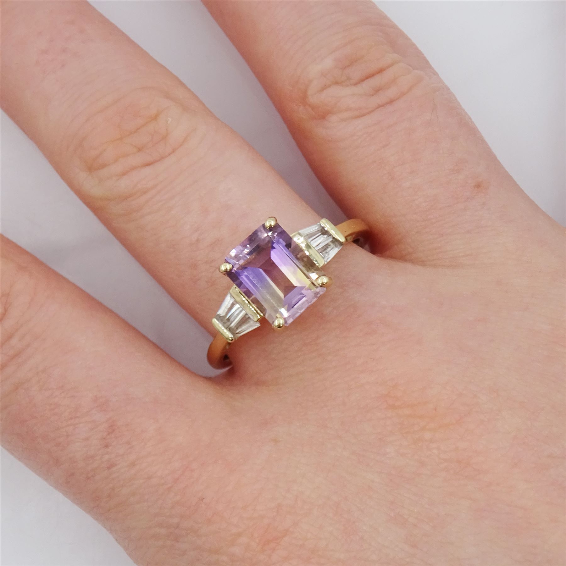 9ct gold emerald cut ametrine and tapered baguette cut white topaz ring, hallmarked