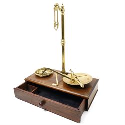  Large set of 19th century brass Apothecary Scales on mahogany single drawer base W56cm and a pair of 19C turned wood altar candlesticks