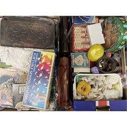 Vintage haberdashery including tartan materials, lace, table cloths, buttons, knitting needles, Scottish related materials and ephemera including 'The Scottish Clans and Their Tartans' guide, dolls, vintage handbags, parasol etc in five boxes