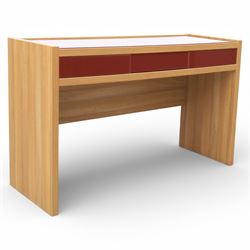 Sliderobes - modern dressing table and two bedside cabinets, red glass panels to top and drawer fronts, drawers with push to open mechanism, with veneered oak frames (Bedside tables H 56cm, D 50cm, W 40cm; Dressing table: H 83cm, D 50cm, W 135cm)