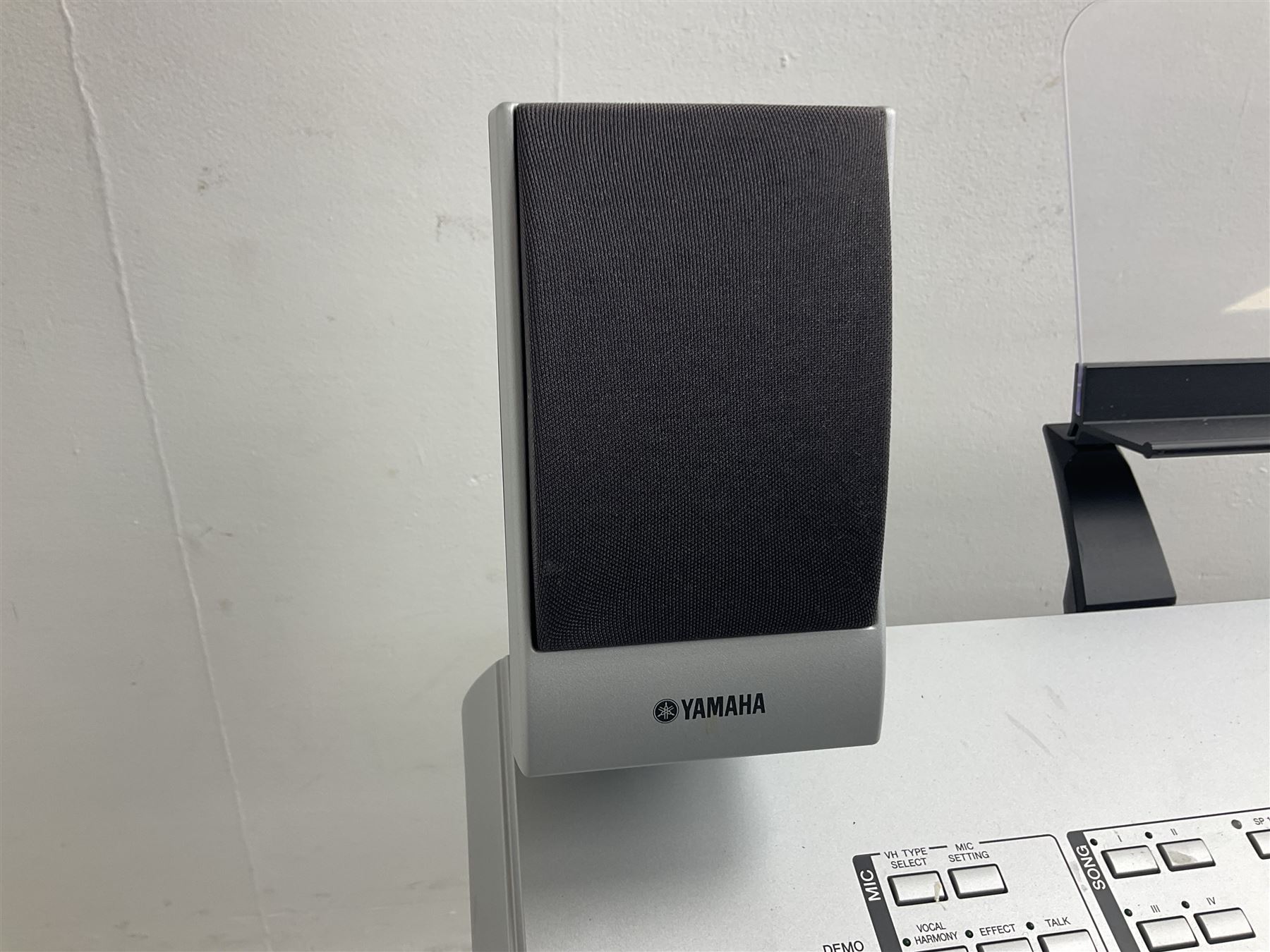 Yamaha Tyros 4 Digital Workstation keyboard with three-piece Option Speaker System TRS-MS04, foot control, various cables and stand; together with a Peavey microphone stand and Shure SM58S microphone