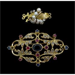 Gold sapphire, diamond and ruby brooch and an 18ct gold pearl and paste stone set necklace clasp