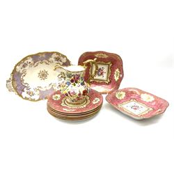 A late 19th century Coalport dessert dish, hand painted with floral sprays within lilac panels, and heightened with gilt throughout, with printed mark beneath, together with an early 20th century Crown Staffordshire part dessert service, comprising two bowls and six plates, and an early Hammersley Chintz jug. 