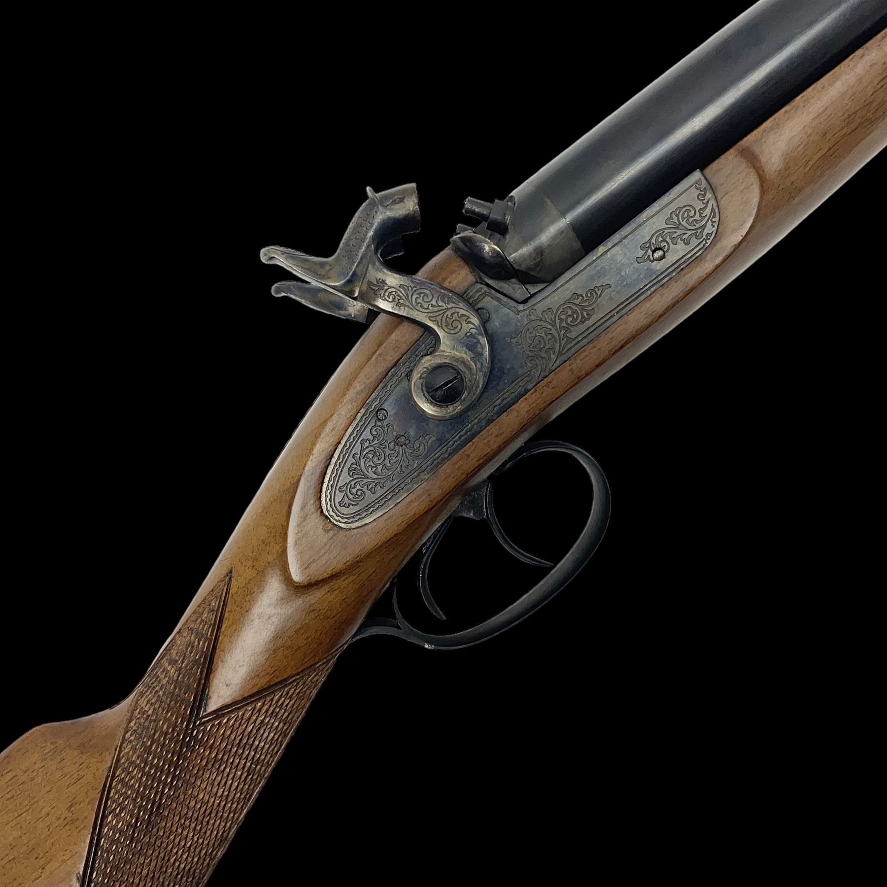 SHOTGUN CERTIFICATE REQUIRED: Fabbrica Armi F.lli Pietta Gussago BS Italy 12-bore side-by-side muzzle loading black powder double barrel percussion hammer gun, retailed by Navy Arms Co. Ridgefield N.J., the 71cm (28