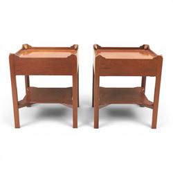 Georgian style pair of mahogany lamp tables, each with three-quarter gallery top above a single frieze drawer with brass swan neck handle, on square tapering supports united by an undertier